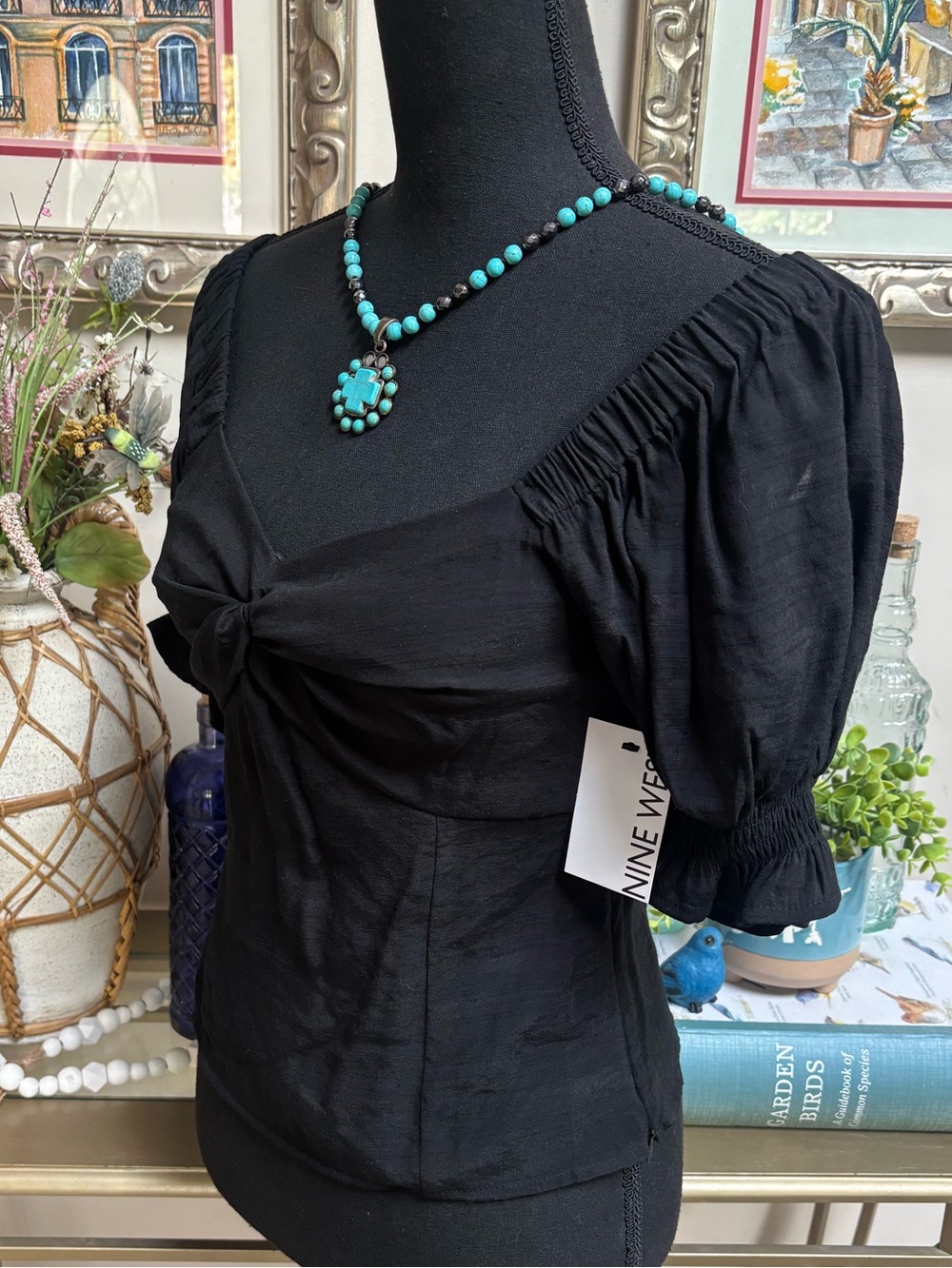 Nine West Black Twist-Front On/Off Shoulder Puff Sleeve Top Size Small NWT - Picture 4 of 9